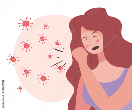 Woman coughing and coronavirus bacterium vector design