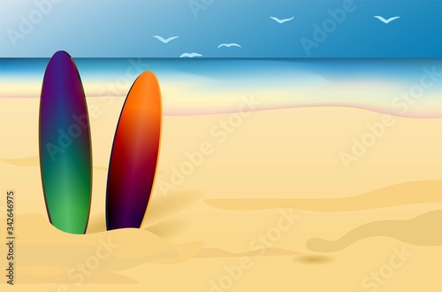 Beach and ocean. Yellow sandy beach. Background for summer posters and announcements. Vector illustration. Surfboard..