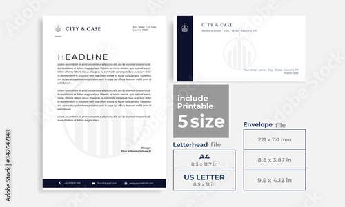 letterhead, Envelope minimalist blue silver size DL, A4 and US Letter design template