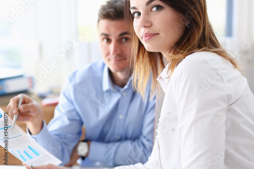 Beautiful smiling businesswoman portrait at workplace look in camera. White collar worker at workspace exchange market job offer certified public accountant internal Revenue officer concept