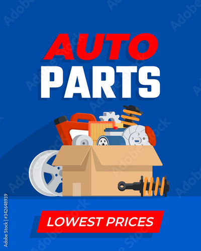 Cardboard with car parts. Various auto accessories. Concept for shop. Vector illustration in flat style