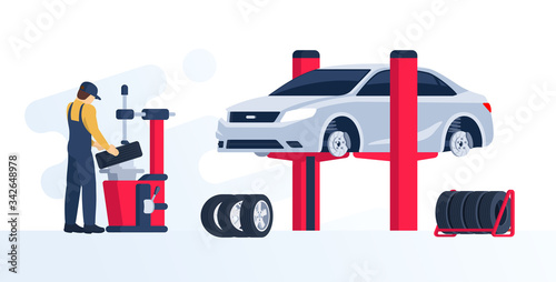Tire service concept. Сar mechanic doing their work. Garage with the car on the lift. Vector illustration in flat / cartoon style.