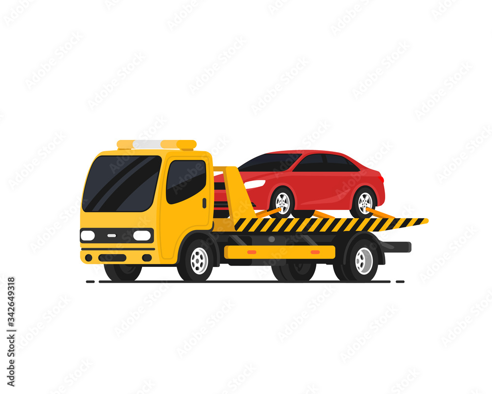 Tow truck with broken car. Roadside assistance. Transportation faults. Emergency car. Isolated vector illustration on white background.