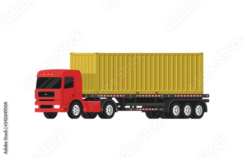 Container truck with yellow container in flat/cartoon style. Vector illustration isolated on white background.
