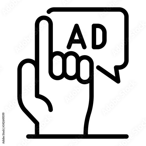 Hand and ad bubble icon. Outline hand and ad bubble vector icon for web design isolated on white background