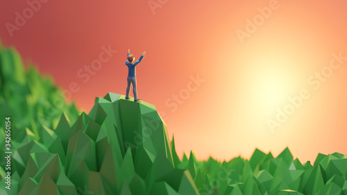 business, success, leadership, achievement and people concept, businessman on mountain top. 3D rendreing photo