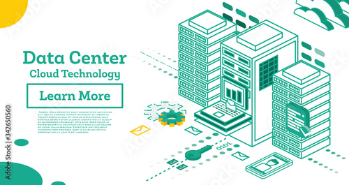 Isometric Working Data Center Full of Rack Servers and Supercomputers.