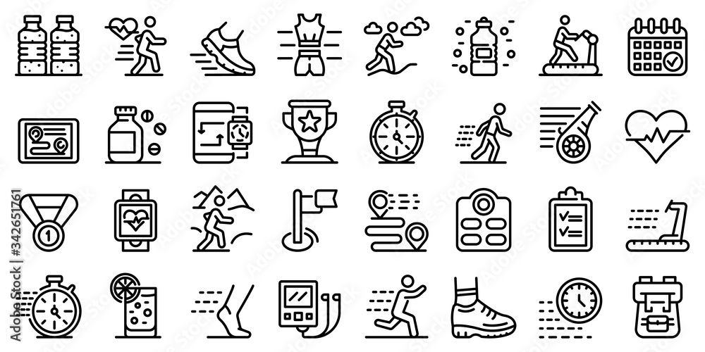 Running icons set. Outline set of running vector icons for web design isolated on white background
