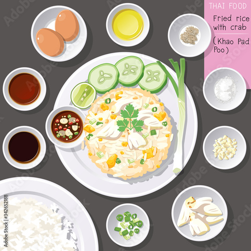 Top view of Thai food, fried rice with crab (Khao Pad Poo).