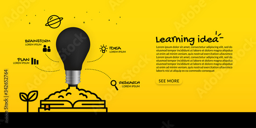 Light bulb launching out from the book on white background, learning idea concept