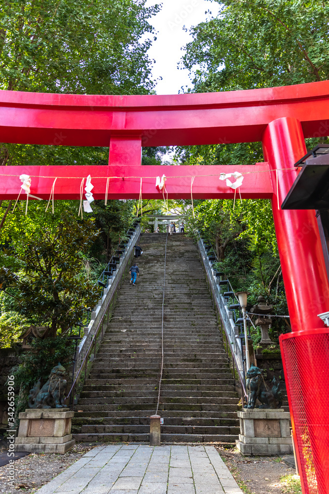 鳥居越しに見る 東京愛宕山の参道で出世の階段、男坂と呼ばれる石段