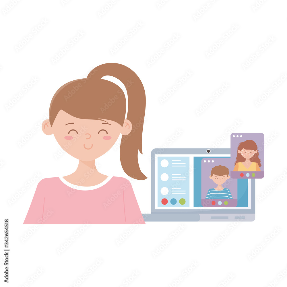 stay at home, girl in video call online meeting with laptop stay at home, girl in video call online meeting with laptop