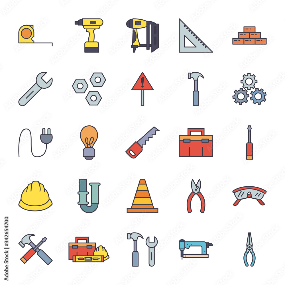 Construction fill style icon set vector design Construction fill style icon set vector design