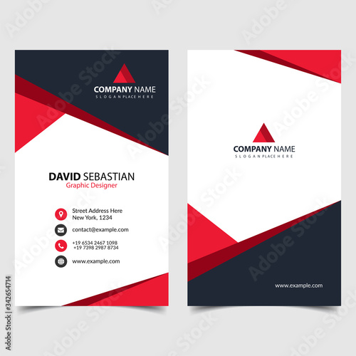 Red shape id, corporate and visit card. Elegant name card templates. Modern creative business card with abstract shapes. Vertical simple clean vector design, layout in rectangle size. eps 10.