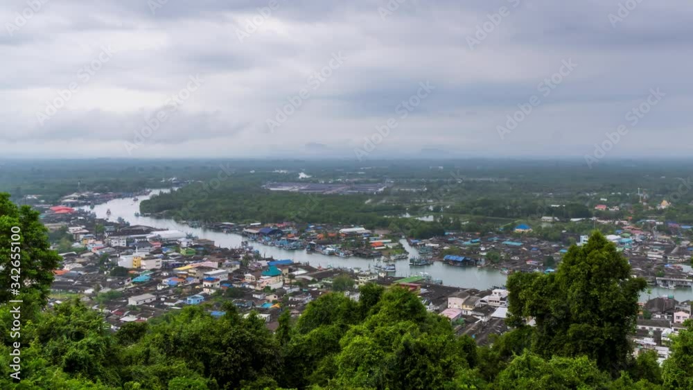 Pak Nam Chumphon town, fisherman village, and river from Khao Matsee scenic viewpoint - Time Lapse Pak Nam Chumphon town, fisherman village, and river from Khao Matsee scenic viewpoint - Time Lapse