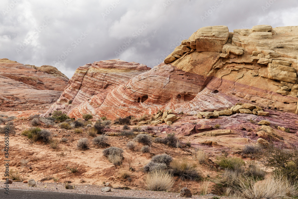 Sandstone rock formations in stone desert, landscape at Valley of Fire State Park