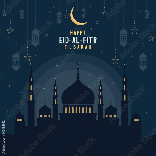 Abstract religious Happy Eid Al Fitr Mubarak Islamic vector illustration with mosques, lights, moon, and stars. Mosque silhouette in the night sky and abstract light.
