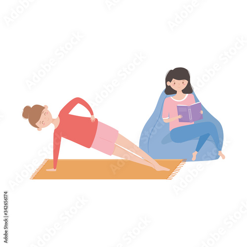 stay at home, girl reading book and woman practicing exercises