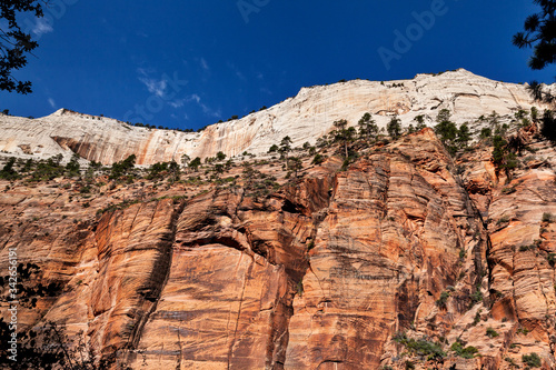 Closeup view of mountain against a blue sky at Zion National Park in Utah © photobyevgeniya