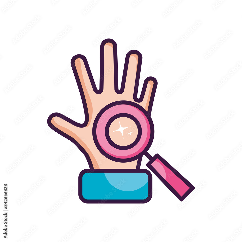 clean hand and magnifying glass, line color style