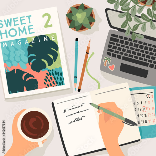 Stay at home. Woman writes in a diary, works at home. Vector illustration.