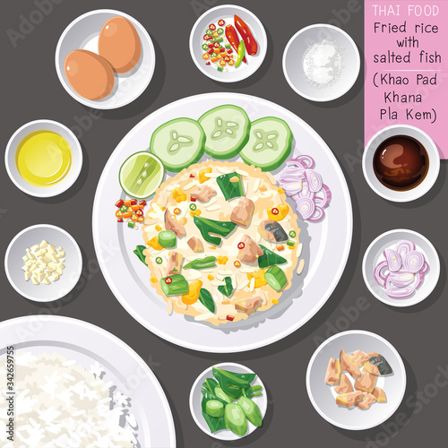 Top view of Thai food, fried rice with salted fish (Khao Pad Khana Pla Kem).
