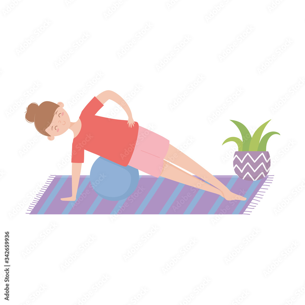 stay at home, young woman training with fitness ball in mat stay at home, young woman training with fitness ball in mat