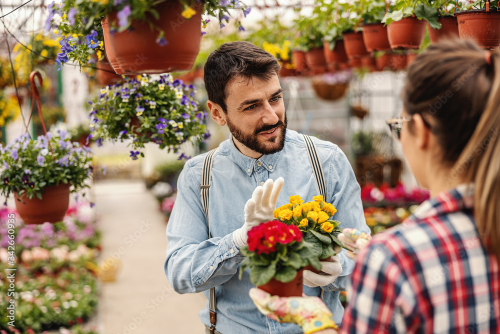 Two nursery garden workers holding pots with flowers and chatting.