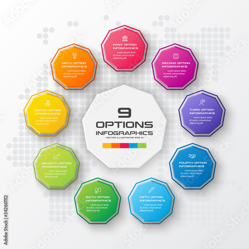 Nonagon infographic,Colorful template with 9 options,Vector illustration.