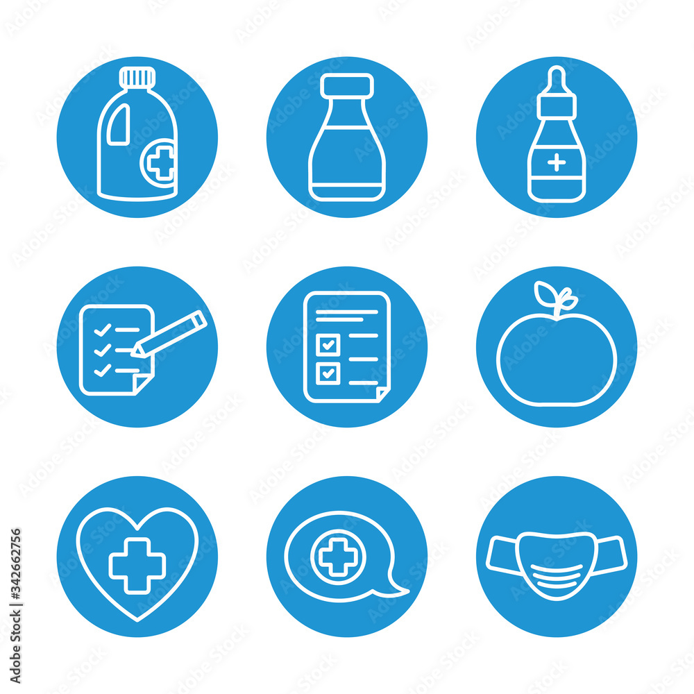 apple and medicine icon set, line block style apple and medicine icon set, line block style