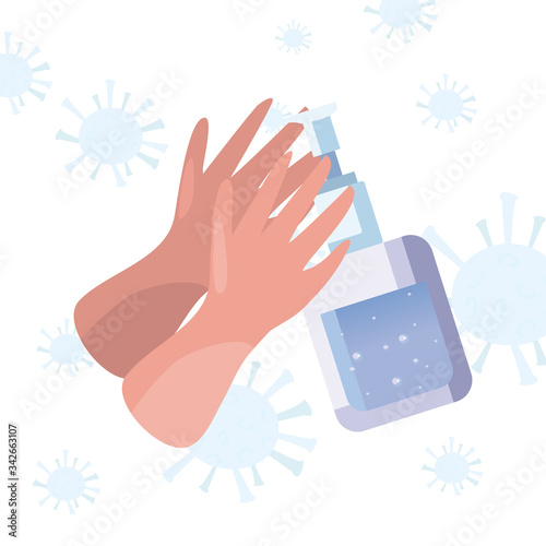 Hands soap bottle and coronavirus bacterium vector design