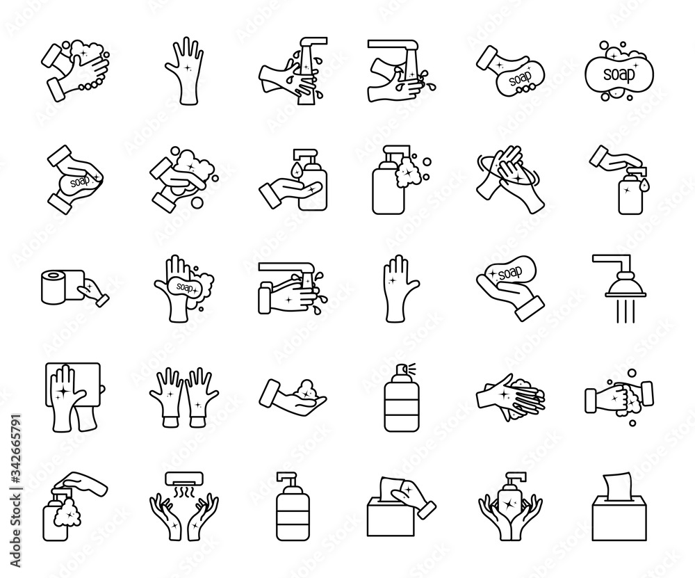cleaning and hand hygiene icon set, line style cleaning and hand hygiene icon set, line style