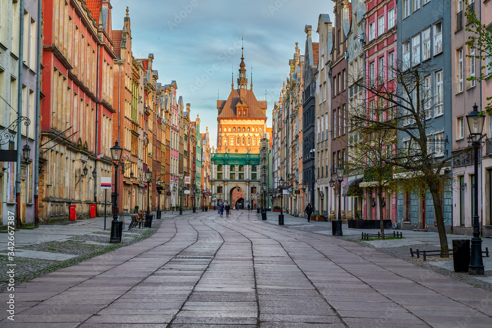 Naklejka premium Gdansk, Poland view of the old city full of historic tenements and other architectural objects