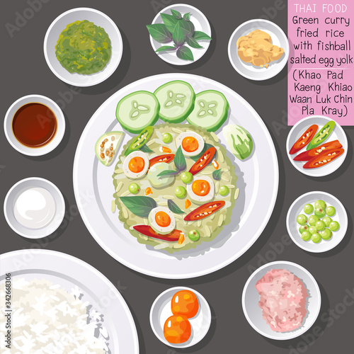 Top view of Thai food, green curry fried rice with fishball salted egg yolk (Khao Pad Kaeng Khiao Waan Luk Chin Pla Kray).