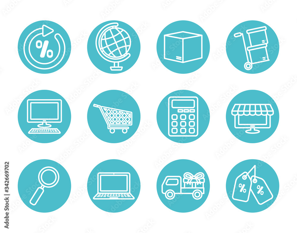 magnifying glass and ecommerce icon set, block line style magnifying glass and ecommerce icon set, block line style