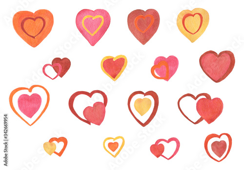 Illustration of a set of watercolor handmade hearts on a white background.