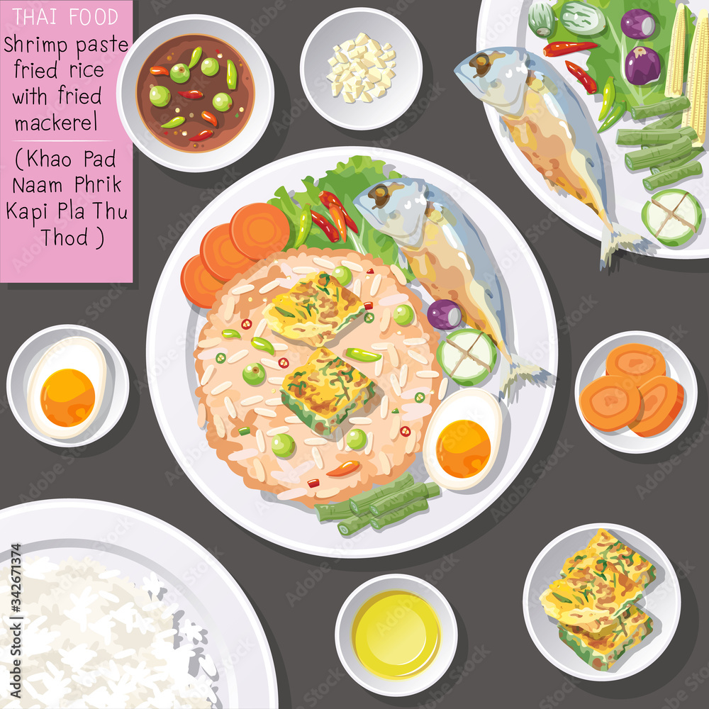 Top view of Thai food, shrimp paste fried rice with fried mackerel (Khao Pad Naam Phrik Kapi Pla Thu Thod).
Top view of Thai food, shrimp paste fried rice with fried mackerel (Khao Pad Naam Phrik Kapi Pla Thu Thod).