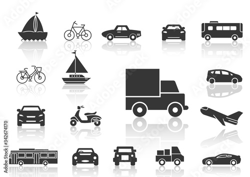 solid icons set, transportation, Airplane, Car, Truck, Bus, Bicycle,Car front,Motorcycle,Pickup truck,Boat and shadow,vector illustrations
