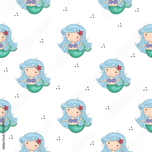 Seamless pattern with Hand drawn vector little mermaid. Cute hand drawn with cute little mermaid vector seamless pattern illustration. Cute Cartoon mermaid