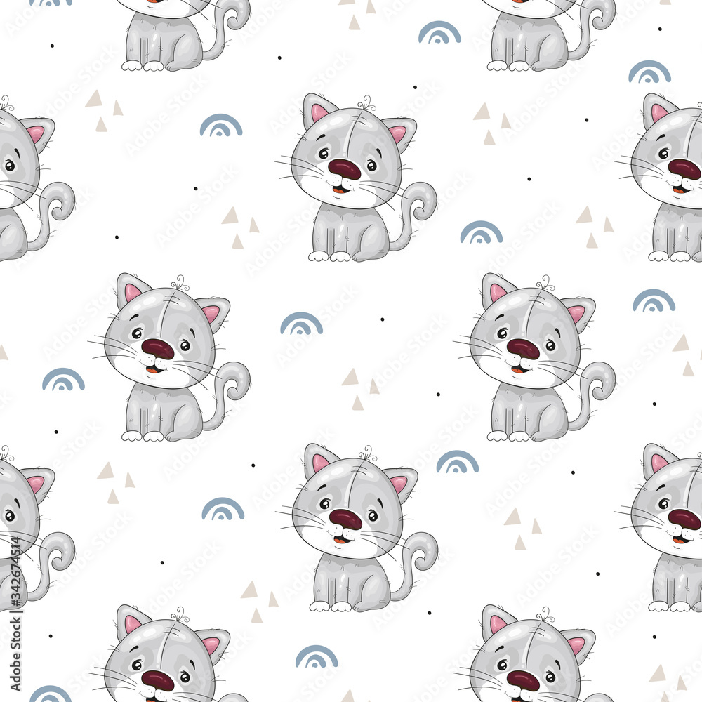 Seamless pattern with cute little cat. vector illustration. Hand drawn vector illustration with cat cute print Seamless pattern with cute little cat. vector illustration. Hand drawn vector illustration with cat cute print
