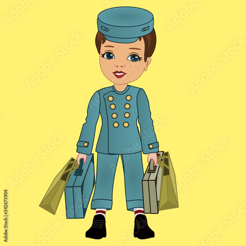 emoji with happy boy hotel porter or doorman that is wearing standard uniform with jacket and a cap carries in his hands suitcases, simple colored emoticon 
