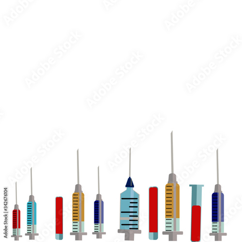 Medical syringe. Set of disposable plastic syringes of different sizes . Vector illustration.