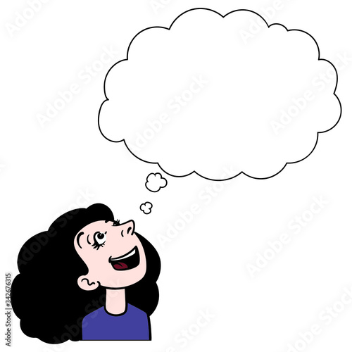 woman with black hair looks up and dreams. laugh, thought bubble, wishes, space, avatar, comic.