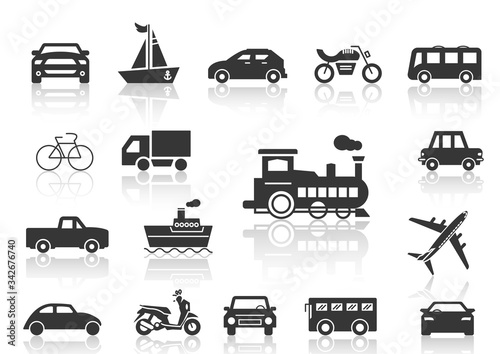 solid icons set, transportation, Airplane, Car, Truck, Bus, Train, Bicycle,Car front,Motorcycle,Pickup truck,Boat and shadow,vector illustrations