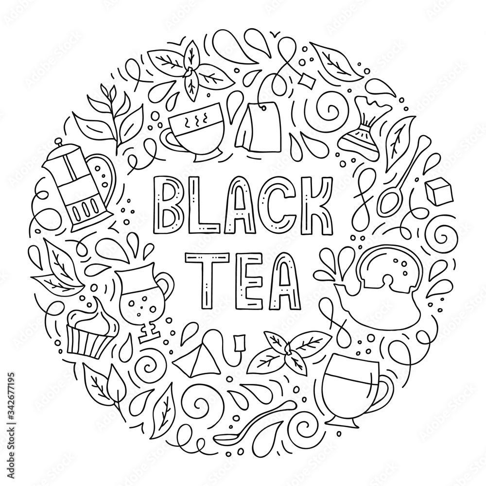 Black tea. Round frame with lettering and tea symbols in outline style. Composition with abstract hand drawn elements. Doodle style. Template for cafe menu, packaging or signboard.