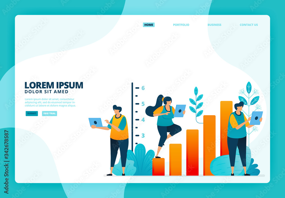Cartoon illustration of business growth and statistics. Vector design for landing page website web banner mobile apps poster