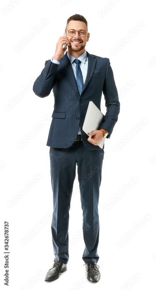 Portrait of handsome businessman talking by phone on white background Portrait of handsome businessman talking by phone on white background