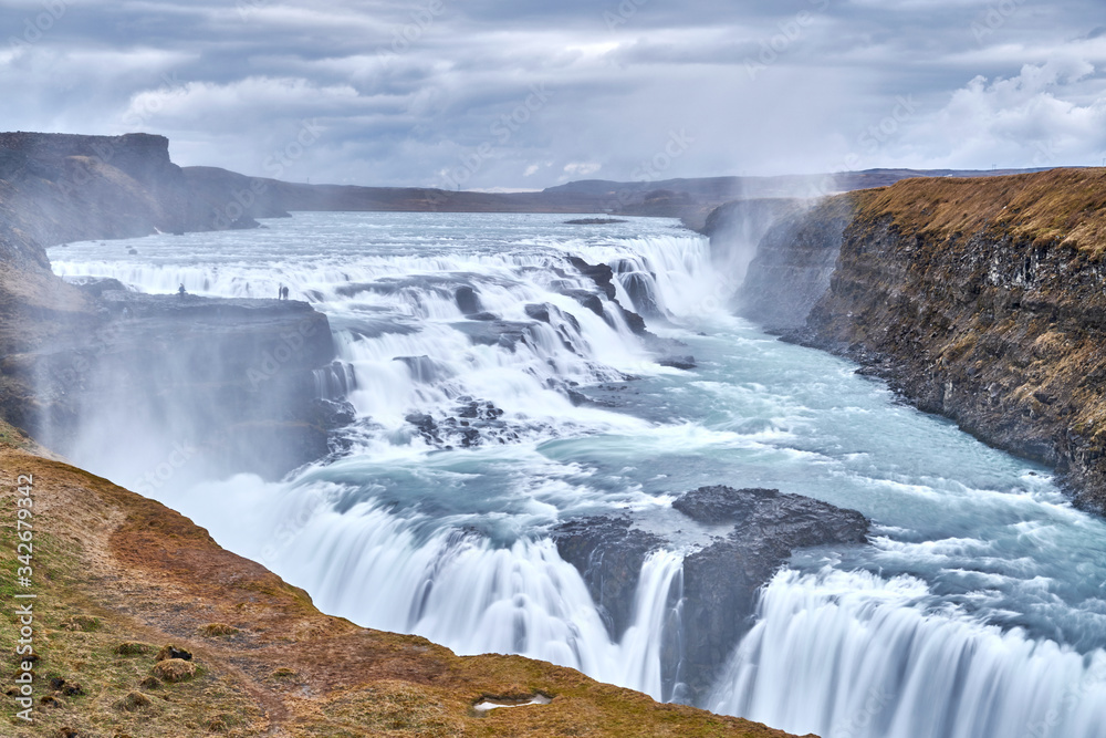 Giant Gullfoss Waterfall on a Cloudy Day