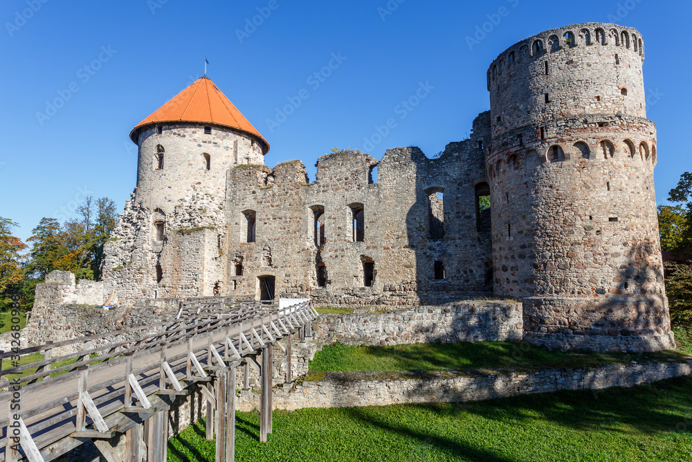 Ruins of the medieval Livonian castle in Cesis town, Latvia