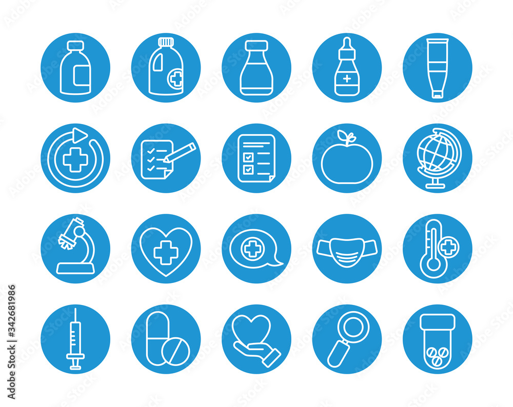 microscope and medicine icon set, line block style microscope and medicine icon set, line block style